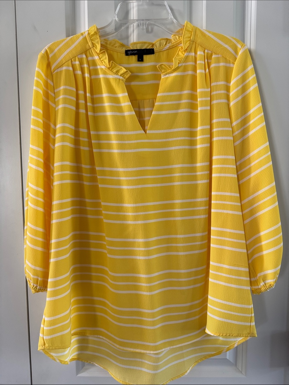 Gibson Sunburst Yellow & White Striped Ruffle-Trim Tunic